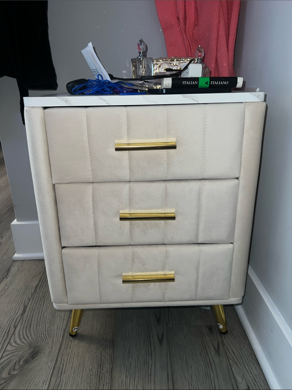 Cream 3-Drawer Accent Nightstand with Gold Hardware